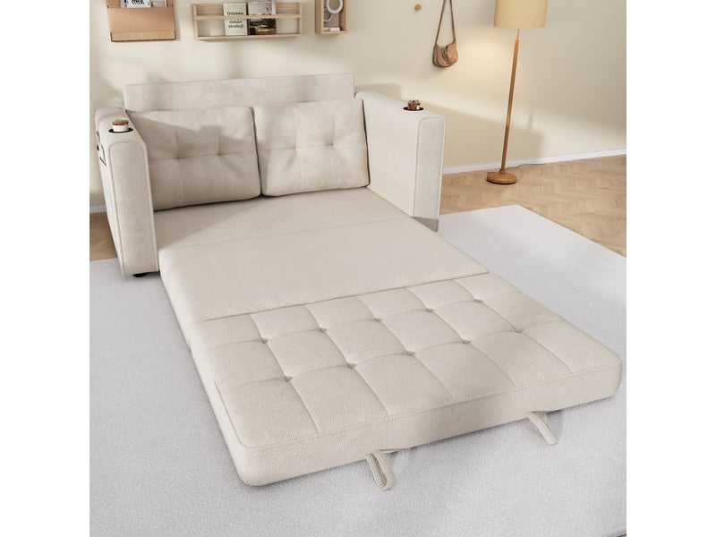  Canapé-lit convertible 2 places 141x79 cm, couchage 141x216 cm, 3-en-1, 2 porte-gobelets, poches latérales, coussins amovibles, chenille beige  - Conforama C