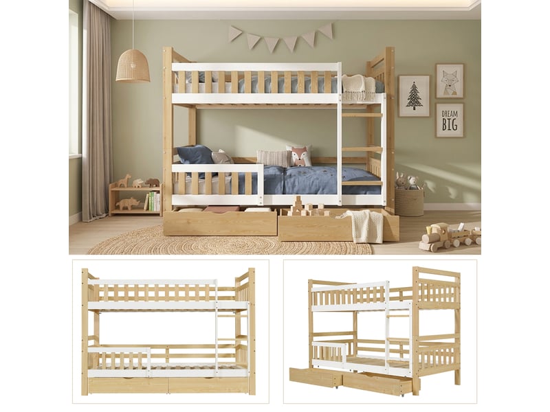  Lit superposé enfant 90x200 cm - avec 2 tiroirs - avec échelle - peut être séparé en deux lits simples - bois massif + mdf - blanc + naturel (sans matelas)  - Conforama R