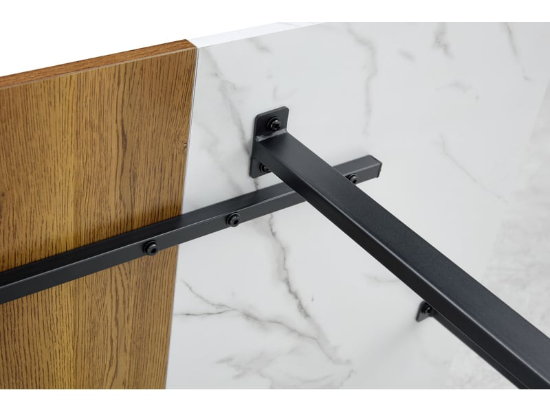  Table de salle à manger pour 4 à 6 personnes avec piètement croisé en métal, plateau mdf effet marbre et bois noir  - Conforama E