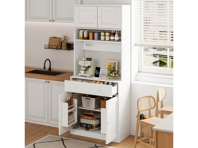  Armoire de cuisine 180 cm blanche, meuble de cuisine avec led et armoire avec grand tiroir, multiprise intégrée  - Conforama E