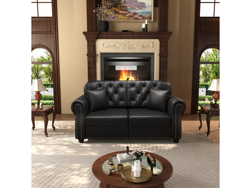  Canapé moderne - canapé chesterfield deux places de 160 cm, revêtement en similicuir, coussins d'assise à ressorts, noir  - Conforama A