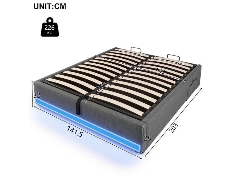  Lit capitonné 140*200cm, gris, sans matelas, led, usb type-c, rangement latéral, relevage hydraulique  - Conforama B