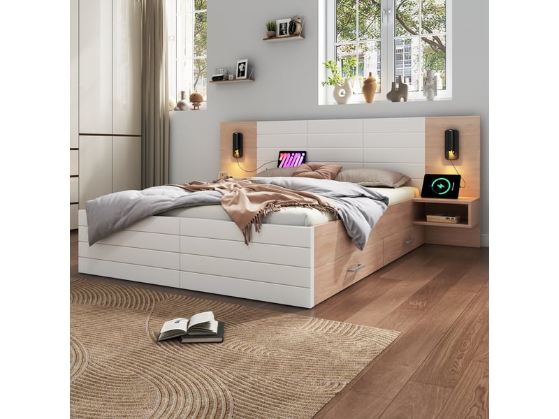  Lit double en bois massif et mdf blanc et chêne clair 180x200 cm  - Conforama D