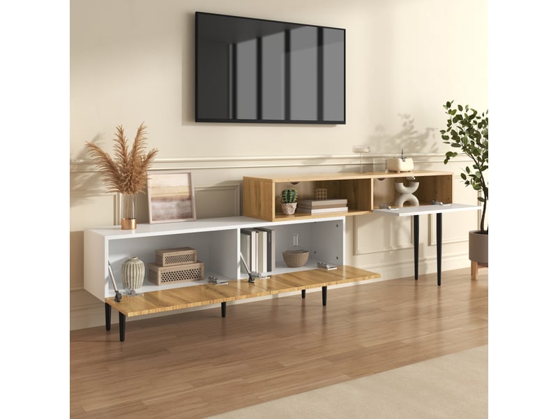  Meuble tv modulable extensible bois et blanc mat avec pieds métal noir 120-240cm  - Conforama C