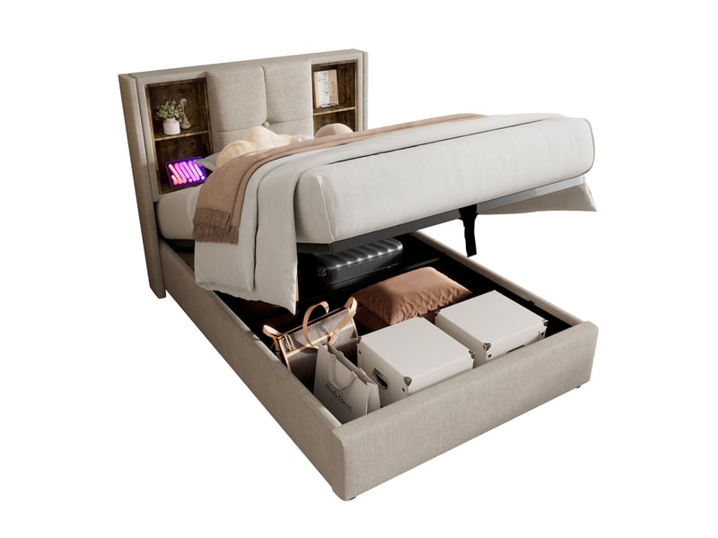  Lit coffre 90x200 cm en lin, lit simple avec recharge sans fil, 2 ports usb, port type-c et rangements, sans matelas  - Conforama A
