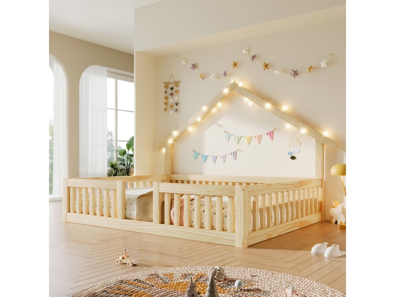  Lit cabane enfant 140x200 cm avec barrières de sécurité, guirlande led, cadre bas, mdf pin, naturel sans matelas  - Conforama D