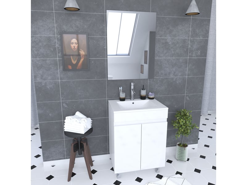  Ensemble meuble de salle de bain 60x45x81-meuble mdf-melamine brillant blanc-vasque ceramique+miroir  - Conforama B