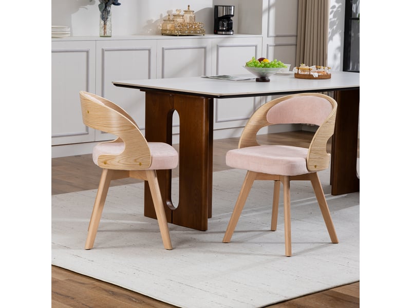  Chaise de salle à manger pivotante avec dossier ergonomique et assise rembourrée, en lin rose  - Conforama D