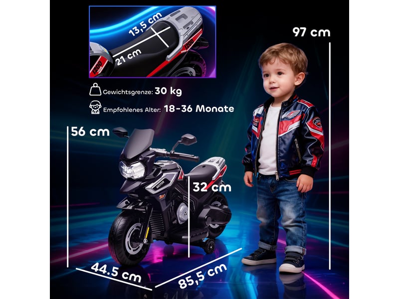  Moto électrique pour enfants de 18 à 36 mois, porteur, stabilisateurs, lumières, musique, plastique, acier, noir  - Conforama E