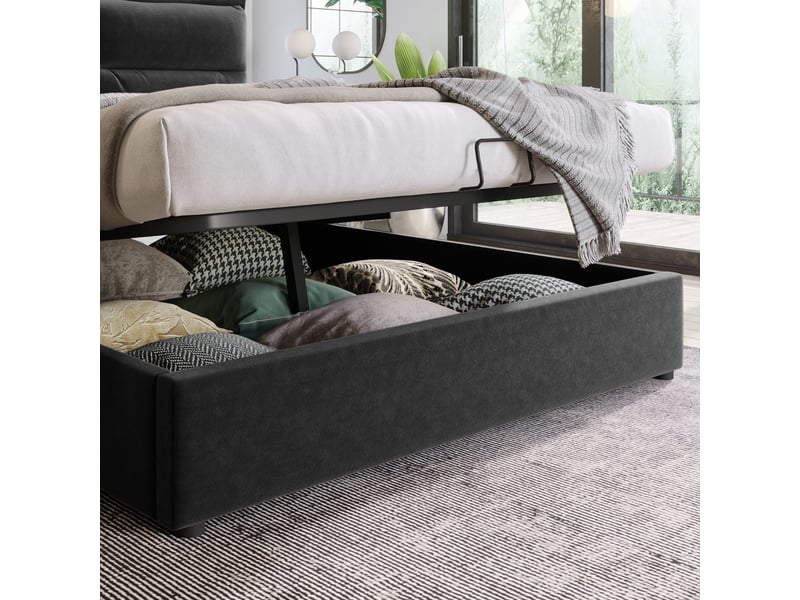  Lit double rembourré 140 x 200 cm avec coffre hydraulique et tête de lit réglable, velours noir, sommier à lattes Fay Lum - Conforama D