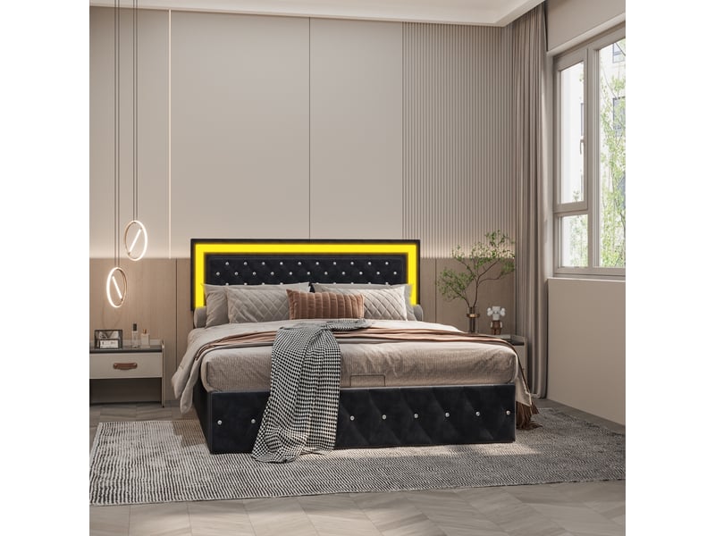 Lit coffre 160x200cm - lit double 160x200 capitonné en velours rangements avec éclairage led - noir - Conforama B