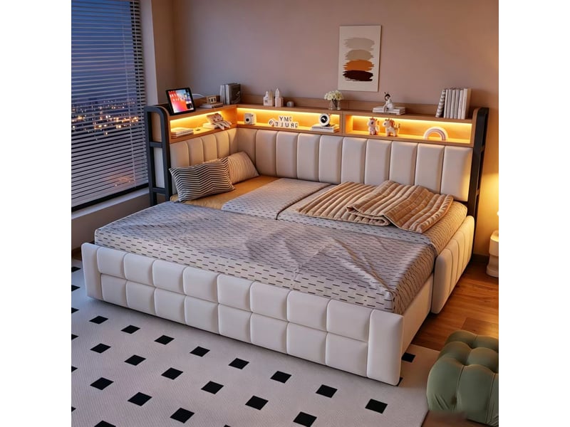  Canapé-lit 90180x200 cm, lit enfant, couchage d'appoint, tiroirs, couchage gigogne extensible, étagères, velours beige, led  - Conforama R