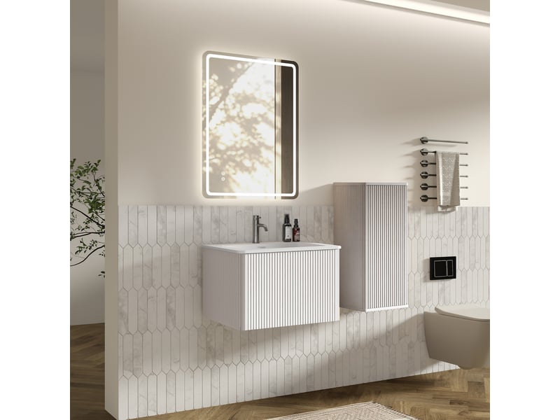  Ensemble meuble de salle de bain suspendu 60 cm miroir led et colonne blanc  - Conforama B