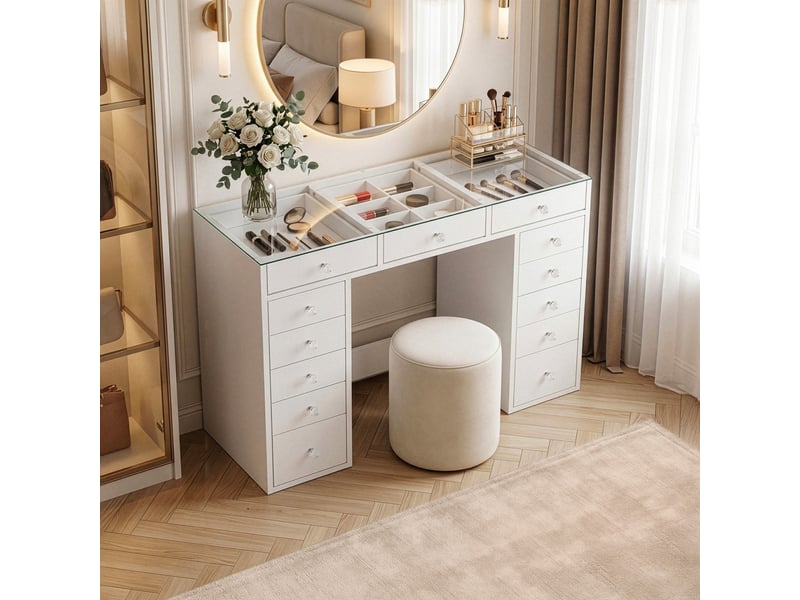  Coiffeuse 13 tiroirs avec vitrine décor blanc l120 cm - zélia  - Conforama C