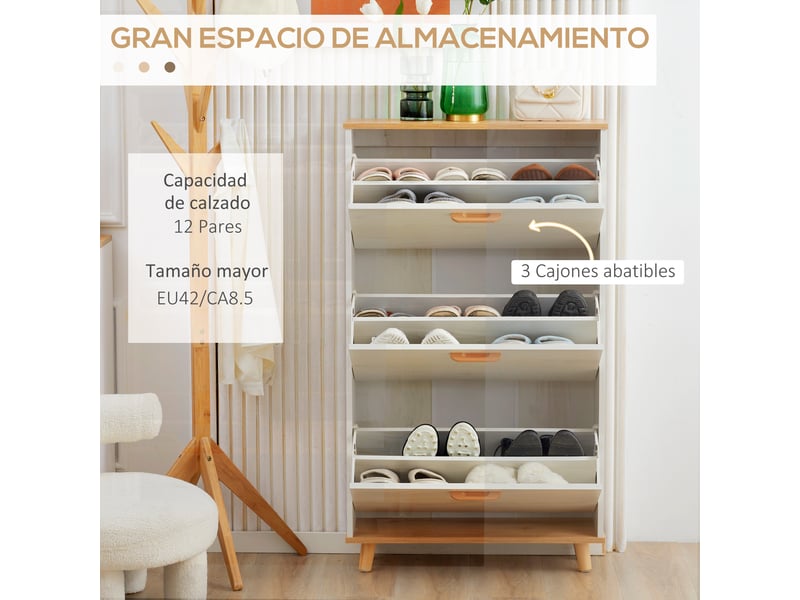 Étagère à chaussures moderne avec 3 tiroirs abattants pour 12 paires de chaussures, idéale pour une entrée (70 x 23,5 x 122 cm, blanche). - Conforama E