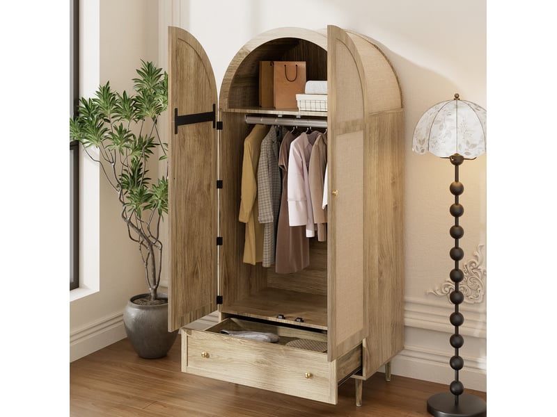  Armoire 79x50x175 cm avec tiroir MDF chêne clair, grand rangement et portes habillées de tissu  - Conforama E