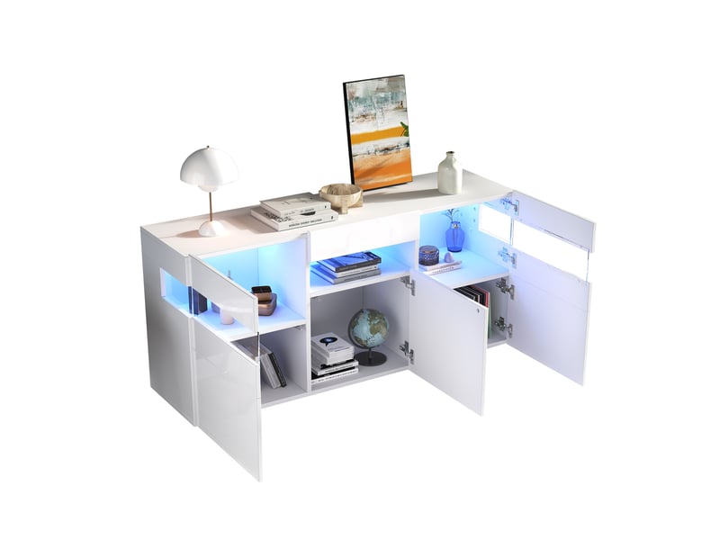  Buffet blanc 140x40,5x66,5 cm avec 3 portes, led et façade acrylique transparente  - Conforama D