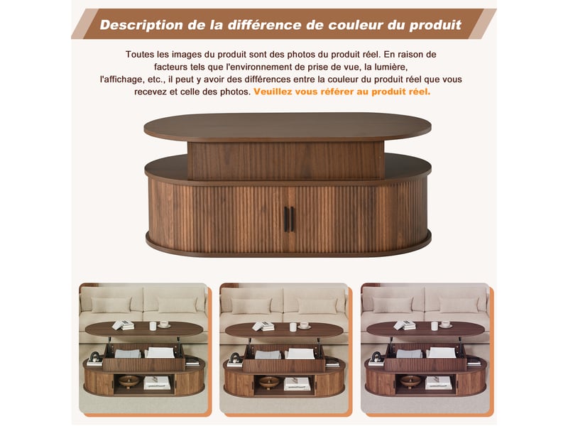  Table basse relevable, hauteur reglable jusqu a 55 cm, finition effet noyer, ovale, avec coffre de rangement et portes coulissantes.  - Conforama W