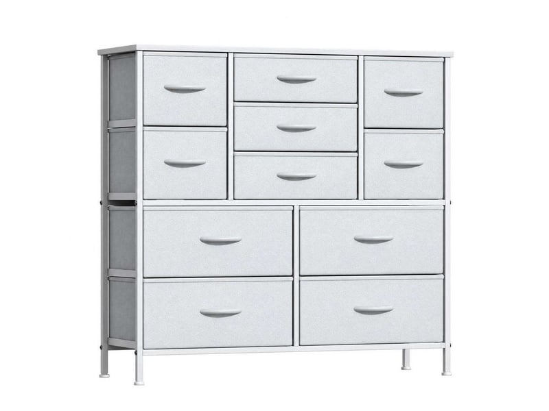  Chiffonnier meuble 100x30x97 cm onze tiroirs tissu blanc et metal blanc chambre  - Conforama A
