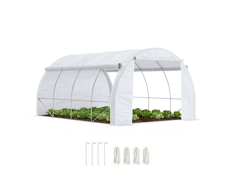 Serre tunnel de jardin 4 x 3 x 2 m avec porte et 8 fenêtres enroulables pour la culture de plantes, blanche  - Conforama A