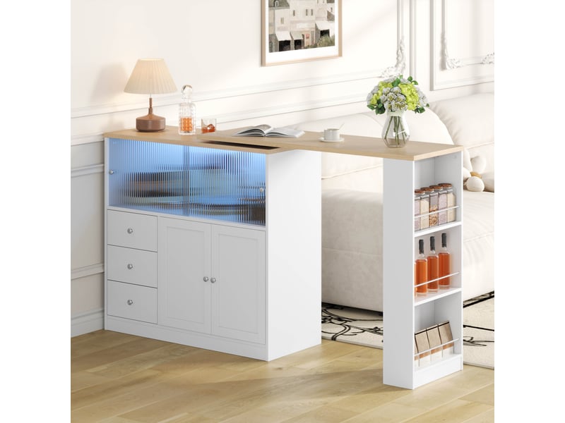 Îlot de cuisine table bar 172x40x96 cm - table pivotante à 360° - porte coulissante vitrée - tiroir et étagères latérales - mdf - blanc CozyNest - Conforama E