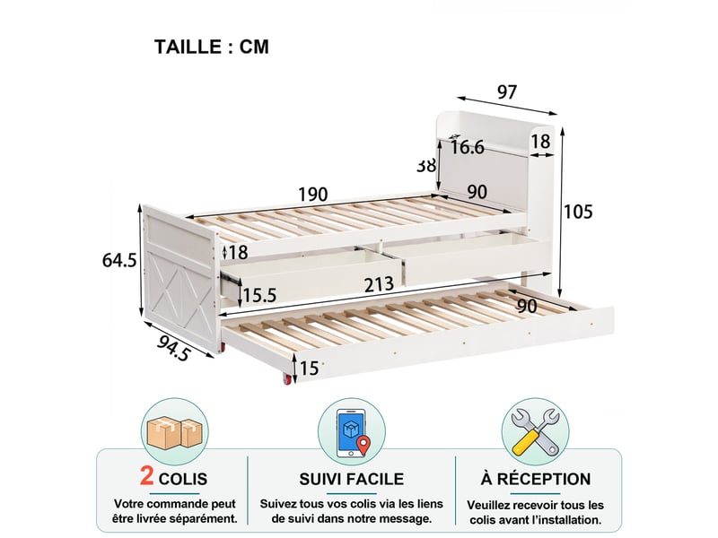 Lit gigogne simple 90×190 cm, 2 tiroirs, rangement et usb - okmyhome- bois massif blanc, sans matelas - Conforama D