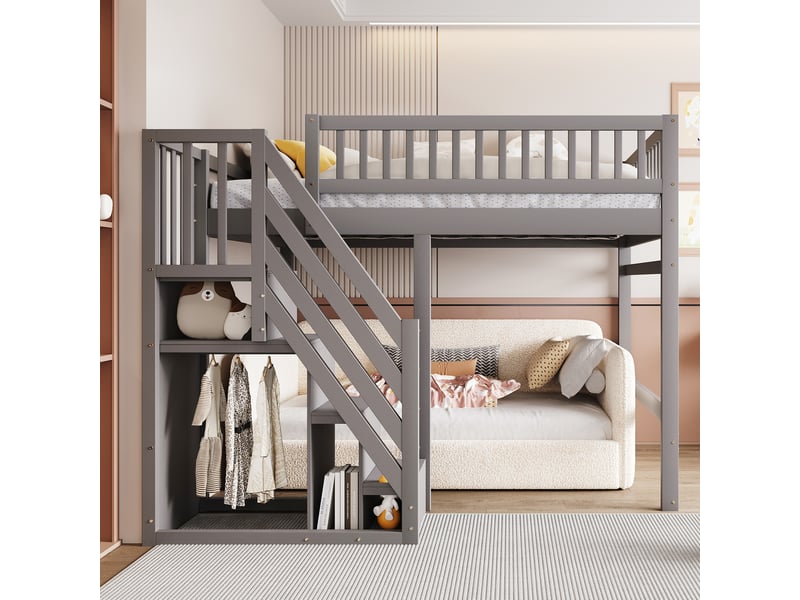  Lit mezzanine 140x200 cm, cadre de lit double en bois massif, lit enfant avec placard de rangement, gris  - Conforama D