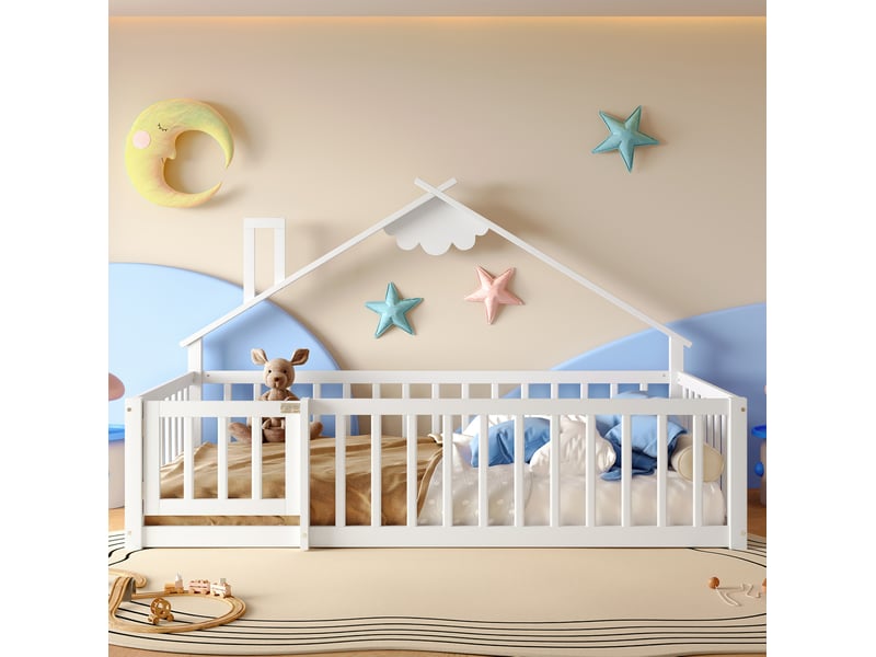  Lit cabane enfant tcqpz 90 x 190 cm avec barrière et verrou bois de pin mdf blanc  - Conforama D