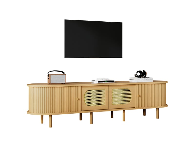  Meuble tv 180 x 40 x 40 cm en mdf naturel – style rotin – pour écran jusqu’à 75 pouces et salon ordonné  - Conforama A