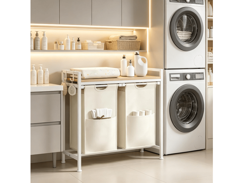 Trieur de linge 70x71x30 cm 2 compartiments bois métal blanc chêne clair - Conforama D