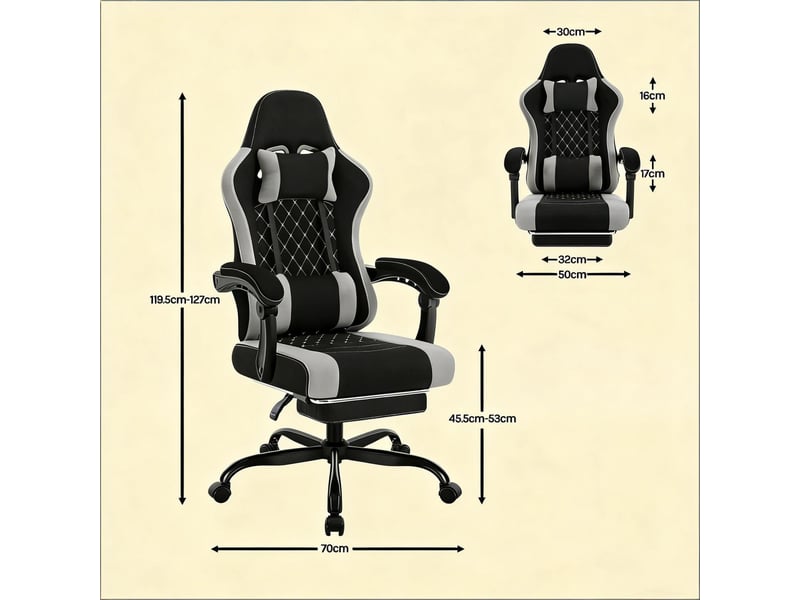  Chaise de bureau ergonomique 70 x 70 x 119,5-127 cm - gaming massage inclinable 145° avec repose-pieds retractable - tissu - blanc et rose  - Conforama C