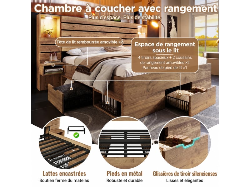  Lit double 180x200 cm avec 3 tiroirs, led et usb-c, effet chêne  - Conforama E