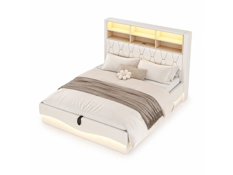  Lit coffre 180 x 200 cm beige avec led, port usb et rangement hydraulique  - Conforama A