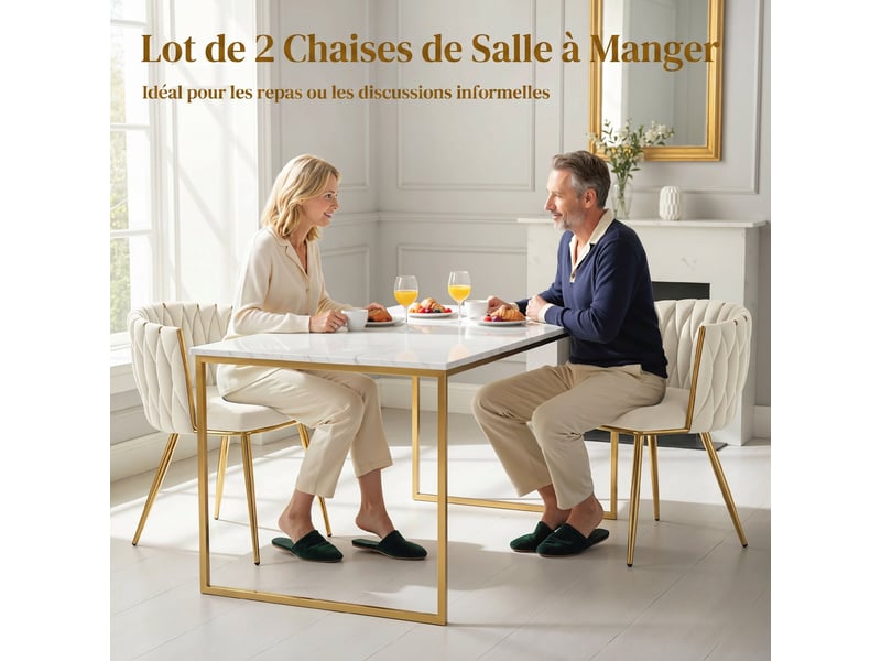  Lot de 2 chaises de salle à manger, chaises de cuisine rembourrées en velours avec dossier tressé et accoudoirs, crème  - Conforama D