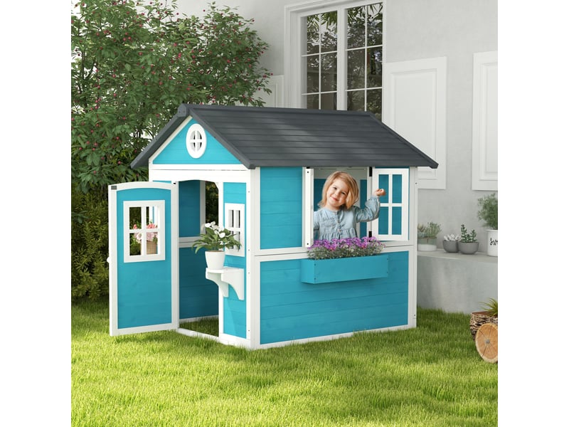  Cabane enfant extérieur maison enfant extérieure avec porte fenêtres et jardinières bleu 114 x 126,4 x 135 cm  - Conforama D