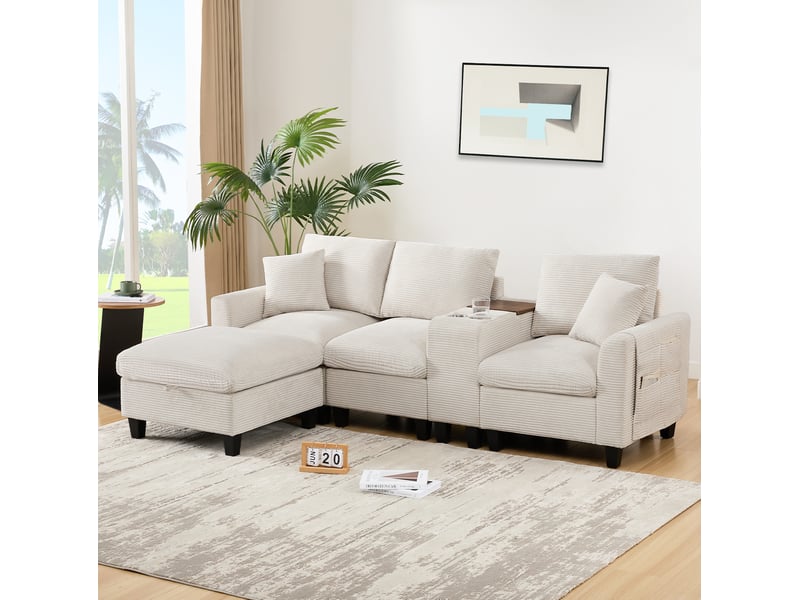  Canapé d’angle convertible 229x149,5x83 cm, coussins, console et porte-gobelets, usb, poches latérales, finition velours côtelé beige  - Conforama B