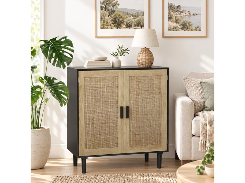  Buffet bas 80x40x88 cm noir, 2 portes en rotin, poignées bois massif, meuble de rangement salon entrée  - Conforama D