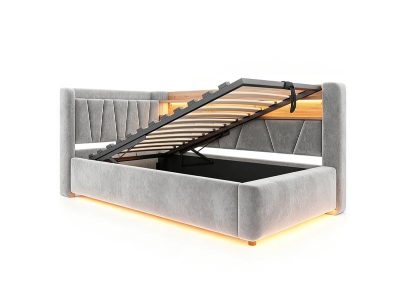  Lit banquette coffre 90 × 200 cm en velours gris, led et usb IKSETERA TRADING LTD - Conforama R