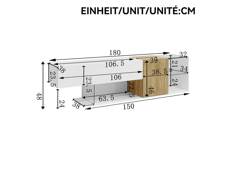  Meuble tv 180 cm blanc brillant et bois - étagères en verre - design minimaliste et qualité  - Conforama D