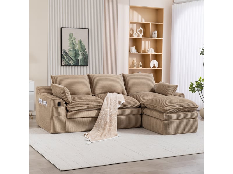  Canapé 3 places velours côtelé modulable avec pouf - kaki - mousse 3 couches et ressorts  - Conforama W