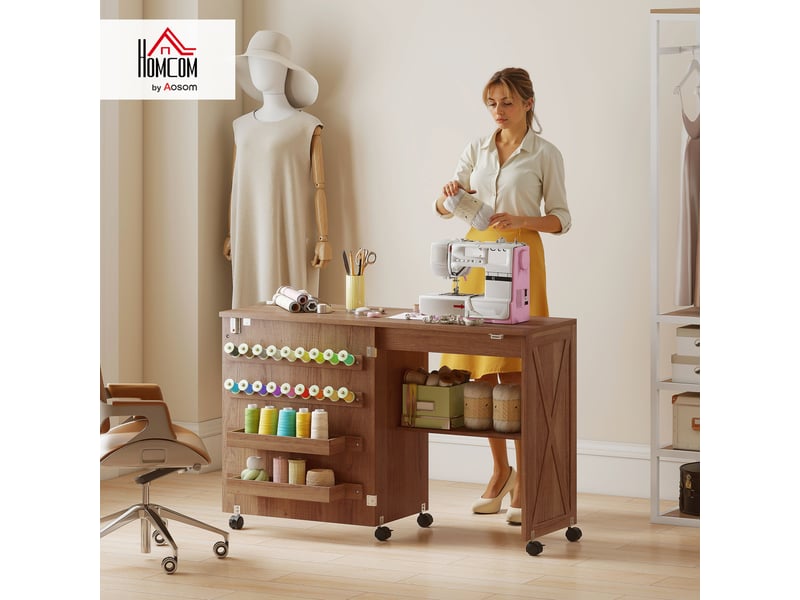 Table de couture pliable mobile 2 bacs 18 porte-bobines étagère bois - Conforama D