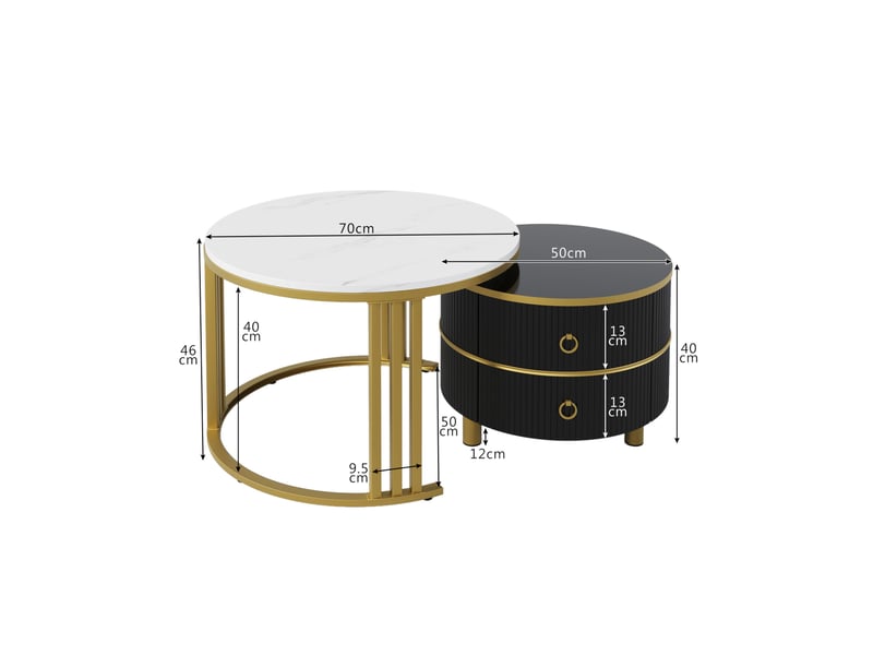  Lot de 2 tables basses rondes gigognes avec 2 tiroirs en mdf, noir et doré  - Conforama E