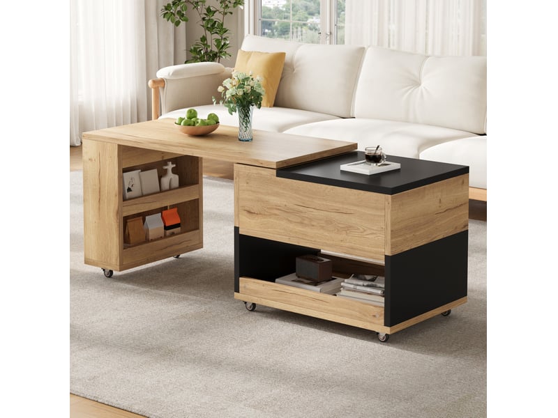  Table basse extensible 161.5 × 46 × 67 cm en bois d'ingénierie avec rangement, plateau relevable et roulettes naturel et noir chicfurn  - Conforama C