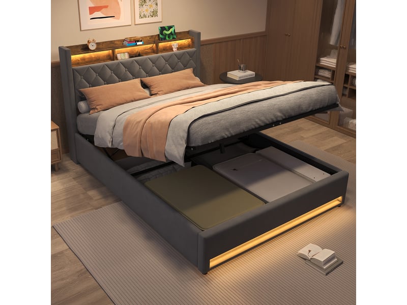  Lit rembourré ulevr en velours avec tête de lit, 160x200 cm, mousse haute résilience, gris foncé  - Conforama B