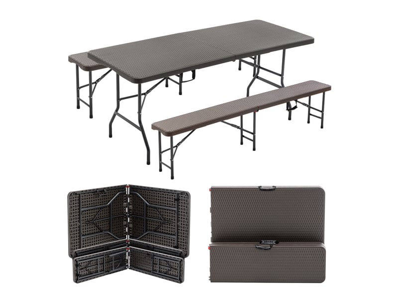  Set de pique-nique pliant 3 pièces 180x74x43 cm marron en plastique, table et 2 bancs pour 6 personnes  - Conforama D
