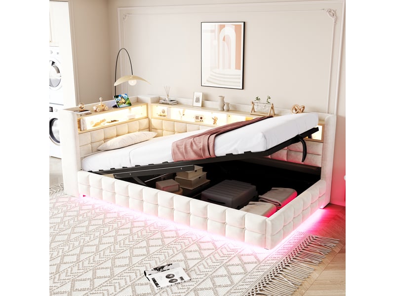  Lit banquette enfant coffre 90 x 200 cm avec led, usb, usb-c, prise et étagères, velours beige Fay Lum - Conforama B