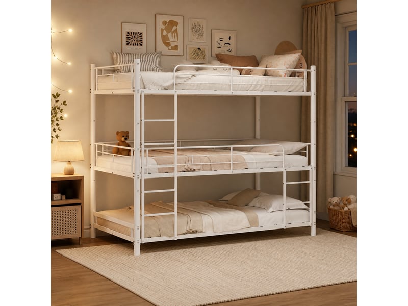  Lit superposé triple 90x190 cm en fer blanc avec échelles intégrées  - Conforama D