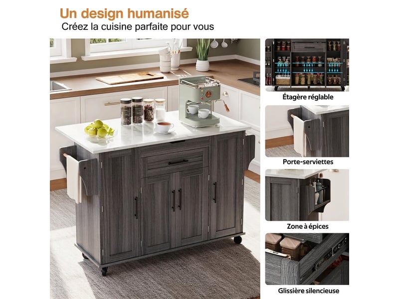  Îlot de cuisine mobile, desserte de cuisine sur roulettes, plan extensible 136cm  - Conforama C