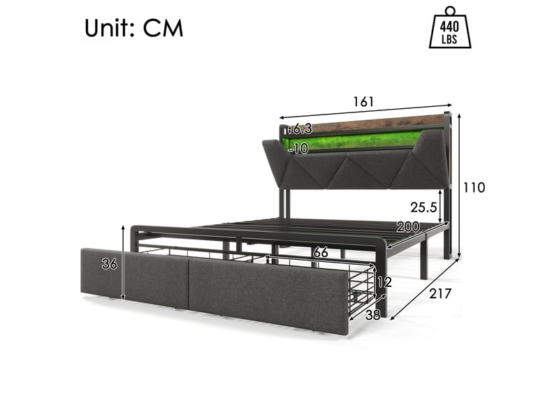  Lit double 160x200 cm avec tête de lit de rangement, éclairage led, tiroirs, lin, gris sans matelas  - Conforama E