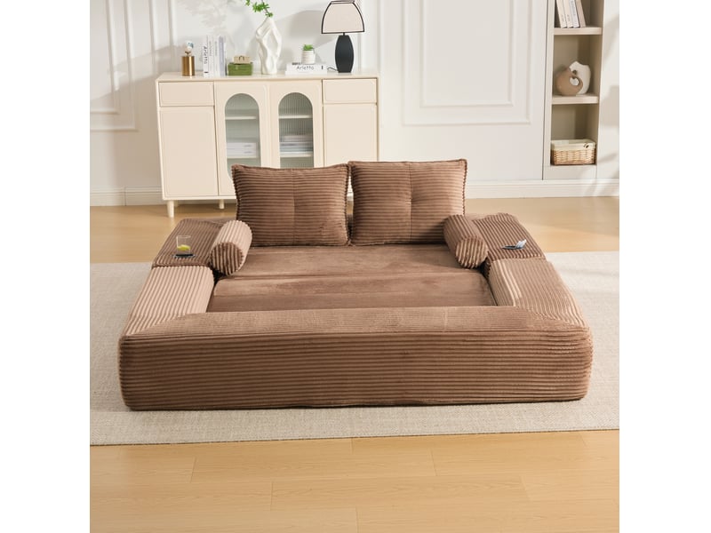 Canapé convertible 2 places 180x98x80 cm avec poches et porte-gobelet, pour salon, contemporain, tissu côtelé, marron - Conforama B